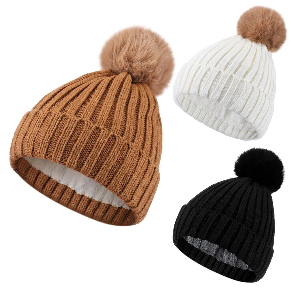 8212 3 Pcs Waterproof Winter Pompom Beanie Hat Fleece Lined Warm Hat
